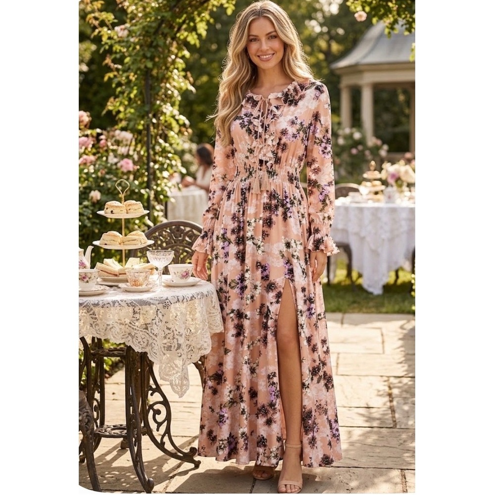Jaase Womens Large Floral Ruffle Neckline Maxi Dress Blush Pink Boho Prairie